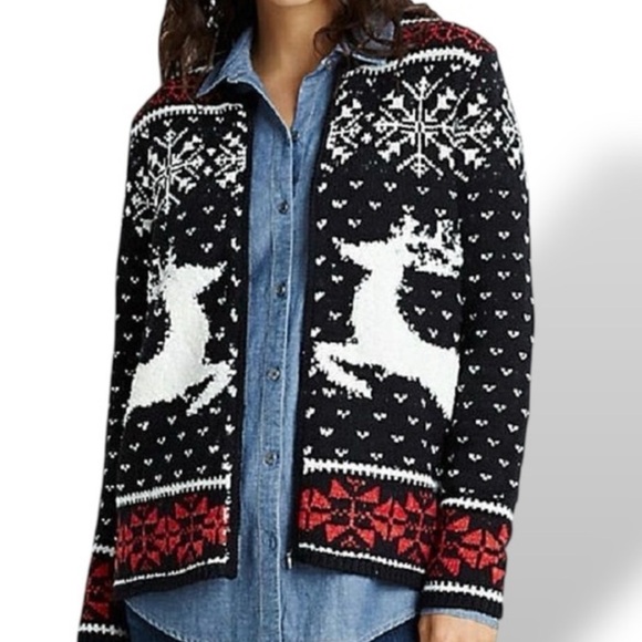 J. Jill Sweaters - J. JILL CHRISTMAS REINDEER FAIR ISLE INTARSIA ZIP CARDIGAN SWEATER X SMALL